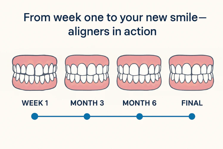 Timeline graphic showing clear aligner treatment steps